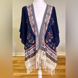 Jolt, Navy Floral Kimono, Vest, Coverup, Cape, Cardigan with Tassels, Size S